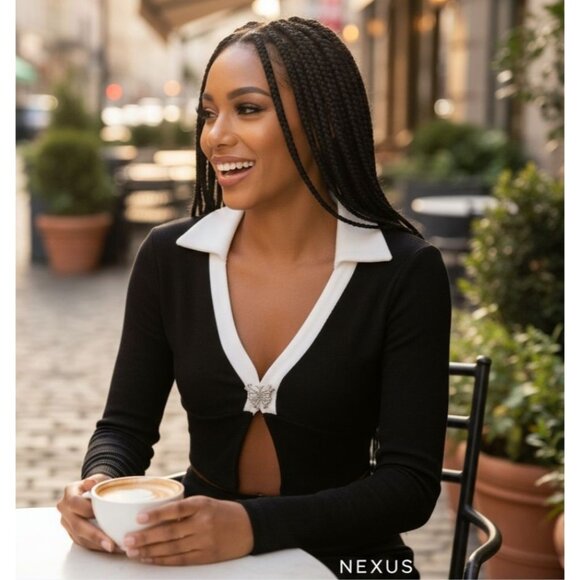 Crop Top – Horoscopez – Not That Innocent Ribbed Button Front Contrast Collar M - Picture 2 of 2